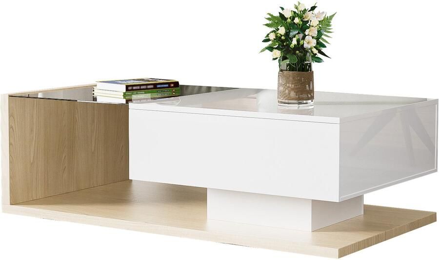 Merax Salontafel in Hoogglans Wit en Houtlook Bruin – Met Glas en LED-Verlichting – Modern Design – Bijzettafel