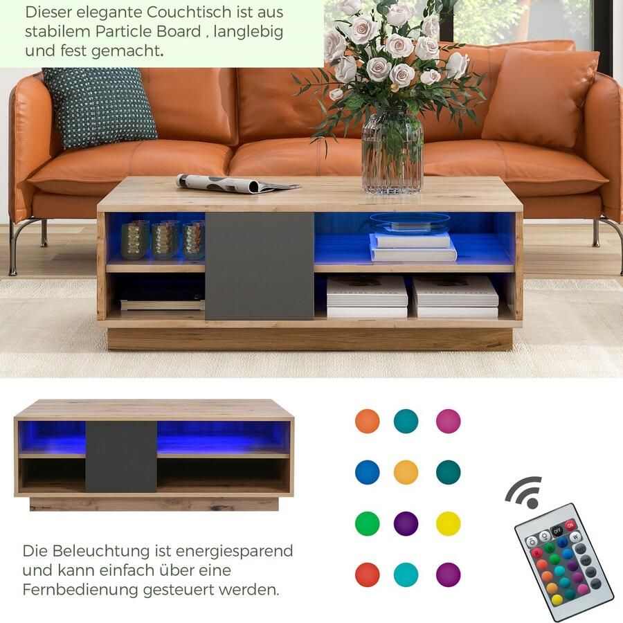 Merax Salontafel LED-verlichting met afstandsbediening Oud hout look Grote opbergruimte Log Style Woonkamertafel