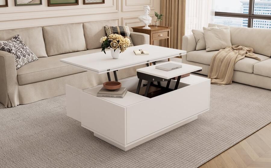 Merax Salontafel Met Dubbele Liftfunctie En Verstopte Opbergruimte Verstelbare Woonkamertafel In Wit 100x50x43 Cm Tot 50 Kg Draagkracht - Foto 2