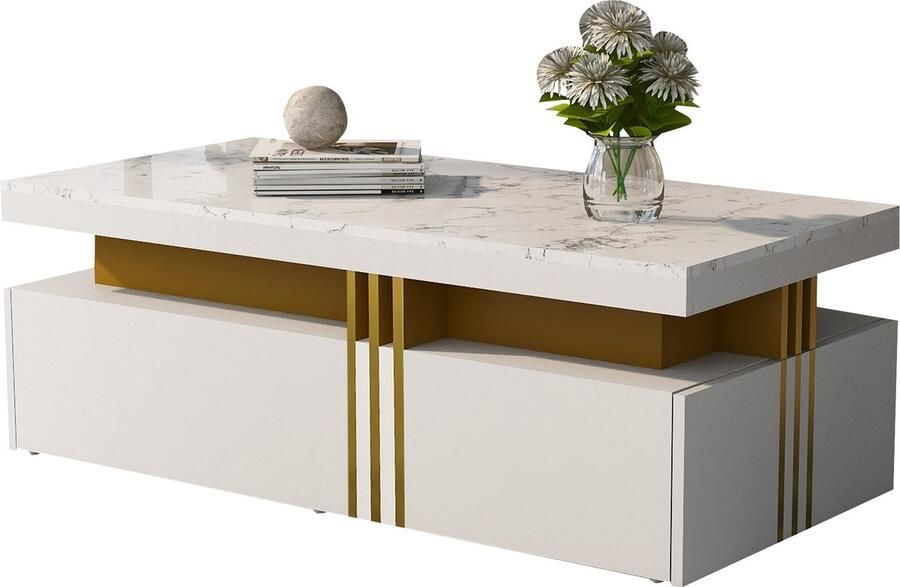 Merax Salontafel met Hoogglans Marmerlook – 100x50x40 cm – Moderne Rechthoekige Tafel met 2 Houten Lades – Witte Bijzettafel met Gouden Rand