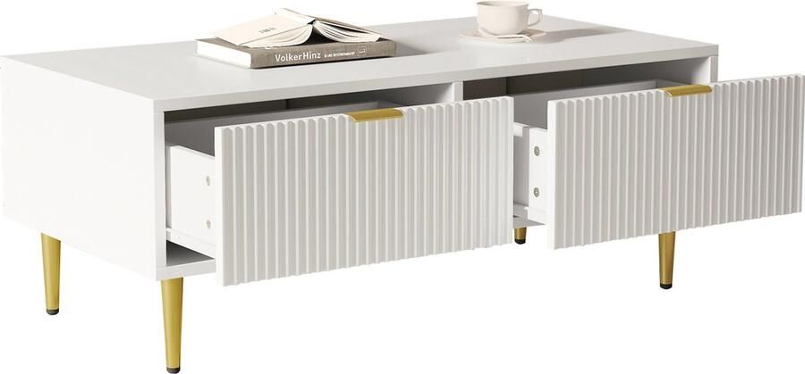 Merax Moderner weißer Couchtisch mit goldenen Akzenten 2 Schubladen vertikales Streifendesign 100*50*40cm Wohnzimmer Couchtisch Sofa Kurzschrank - Foto 2