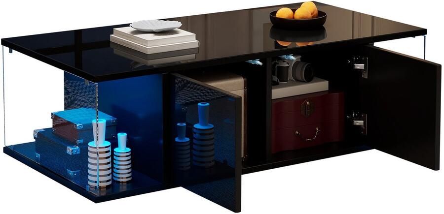 Merax Salontafel met LED – Hoogglans Design met Gehard Glas – Koffietafel met 2 Kasten en Opbergruimte – Modern Zwart – 100x50x30 cm