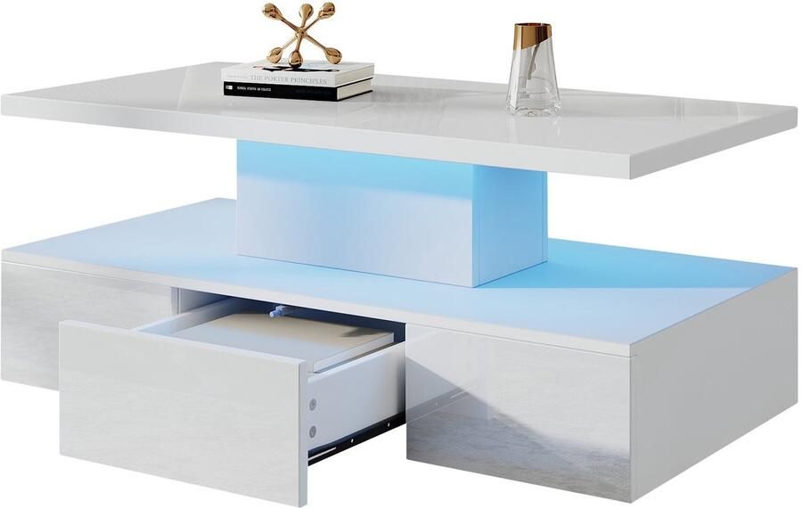 Merax Salontafel met LED Verlichting Hoogglans Woonkamertafel met Opberglade en Open Vakken Moderne Rechthoekige Koffietafel Wit 100×50×39 cm