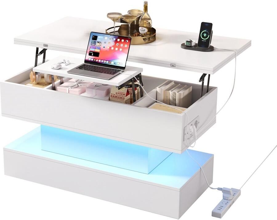 Merax Salontafel met LED-Verlichting In Hoogte Verstelbare Tafel met USB & Type-C Oplaadpunten Uitschuifbaar & Opvouwbaar Ontwerp met Opbergruimte Wit 100×50×51 5 cm