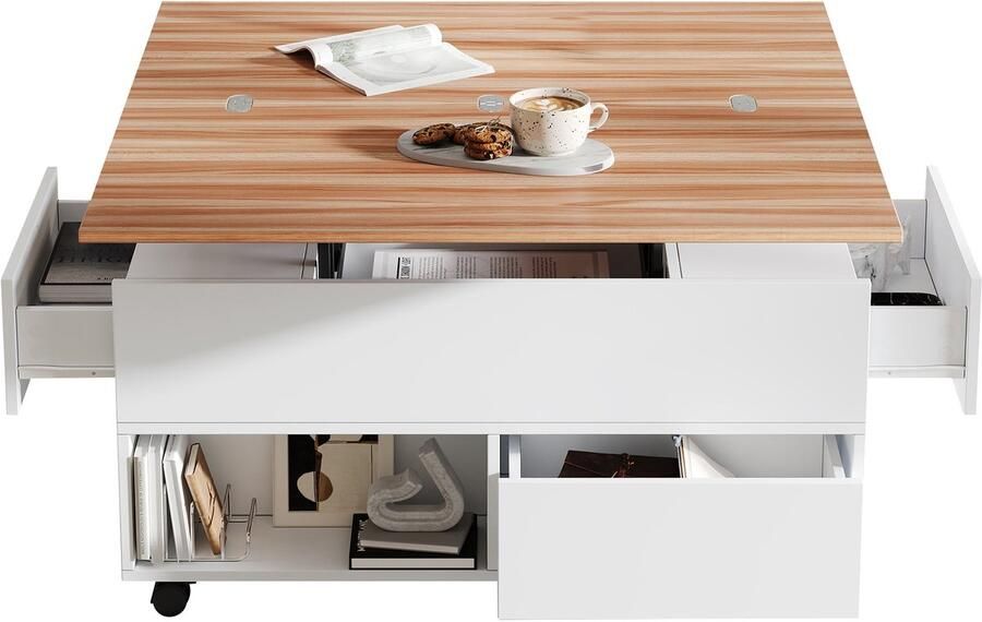 Merax Salontafel met Wieltjes – Verstelbare Salontafel met Lift-Top Functie 4 Schubladen en Opbergruimte – Uitschuifbare Koffietafel 100x50x52 cm – Wit & Houtlook