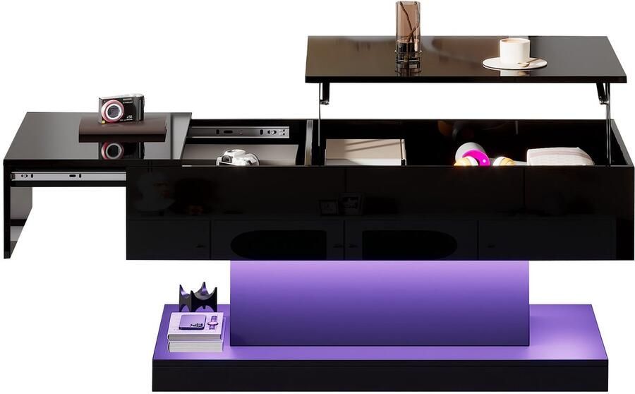 Merax Salontafel met Liftfunctie – 100x50x45 cm – Zwart Hoogglans – Met LED-verlichting Opbergruimte & Hydraulisch Uitschuifblad