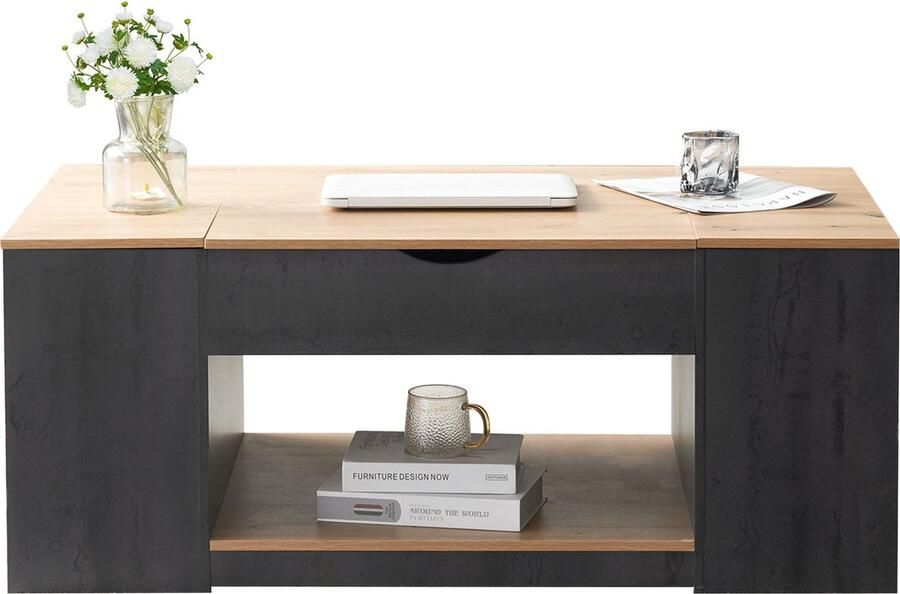 Merax Salontafel met Liftfunctie – 109 cm – Grijs Frame – Houtlook Bruin – Verstelbare Hoogte en Verborgen Opbergruimte - Foto 2