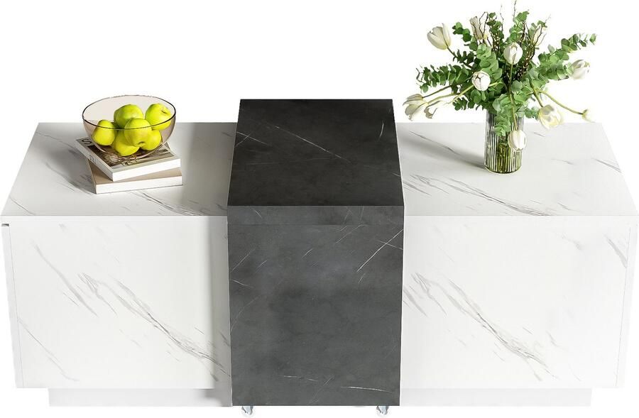 Merax Salontafel met Marmerlook – 110 cm – Witte & Zwarte Marmerprint – Met Opbergruimte en Verrijdbaar Tafelblad – Voor Woonkamer of Kantoor