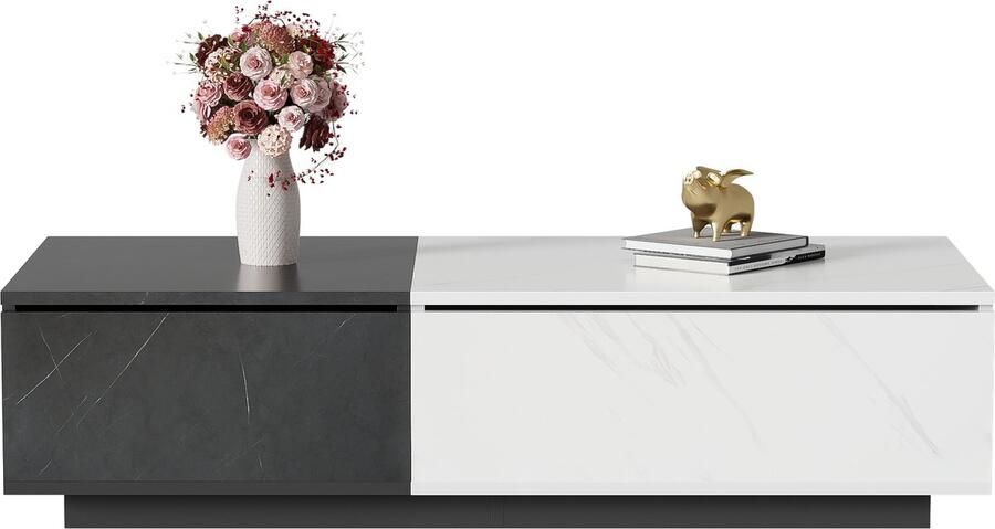 Merax Salontafel met Opbergruimte en Gedempte Kastdeuren – Marmerlook Wit en Zwart – 110x50x28 cm – Moderne Woonkamertafel