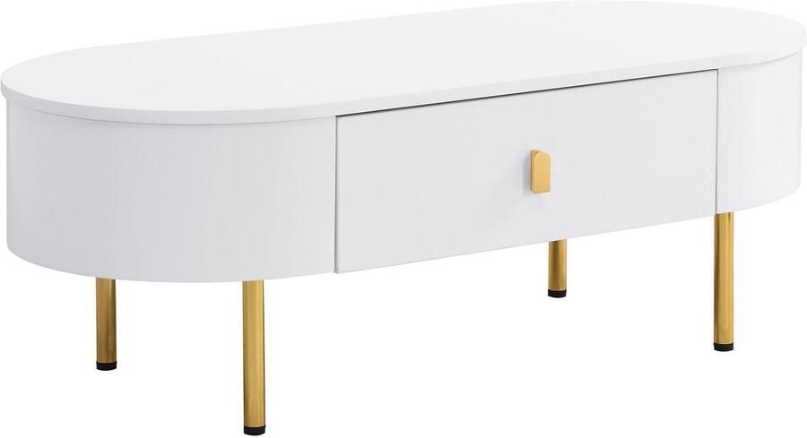 Merax Salontafel met Twee Lades en Gouden Accenten Moderne Witte Tafel met Afgeronde Hoeken - Foto 2
