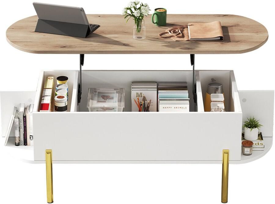 Merax Salontafel met Verstelbaar Blad Koffietafel met Opbergruimte en Zijvakken Houten en Witte Afwerking met Gouden Poten 120×50×43 cm