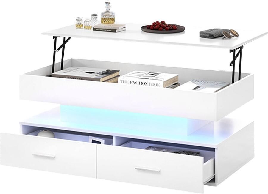 Merax Witte Salontafel met Hydraulische Verstelling LED Verlichting Bluetooth-APP Bediening 2 Lades en Open Opbergruimte 100x50x44 cm