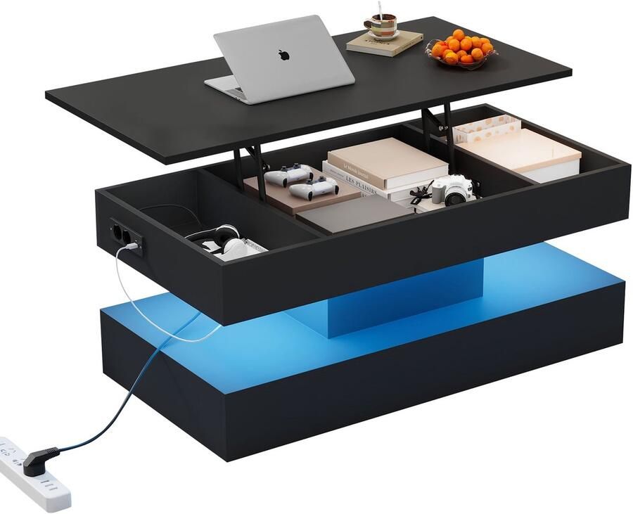 Merax Salontafel met Verstelbaar Tafelblad – Verlichting en Stopcontact – Zwart