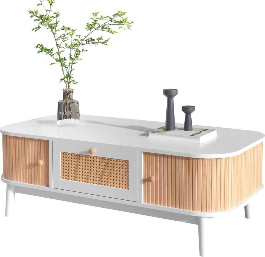 Merax Salontafel – Rattan Koffietafel met Massief Houten Ladefronten en Schuifdeuren – Landelijke Stijl – 110x55x38.5 cm