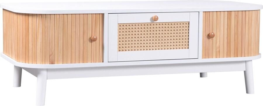 Merax Salontafel – Rattan Koffietafel met Massief Houten Ladefronten en Schuifdeuren – Landelijke Stijl – 110x55x38.5 cm - Foto 2