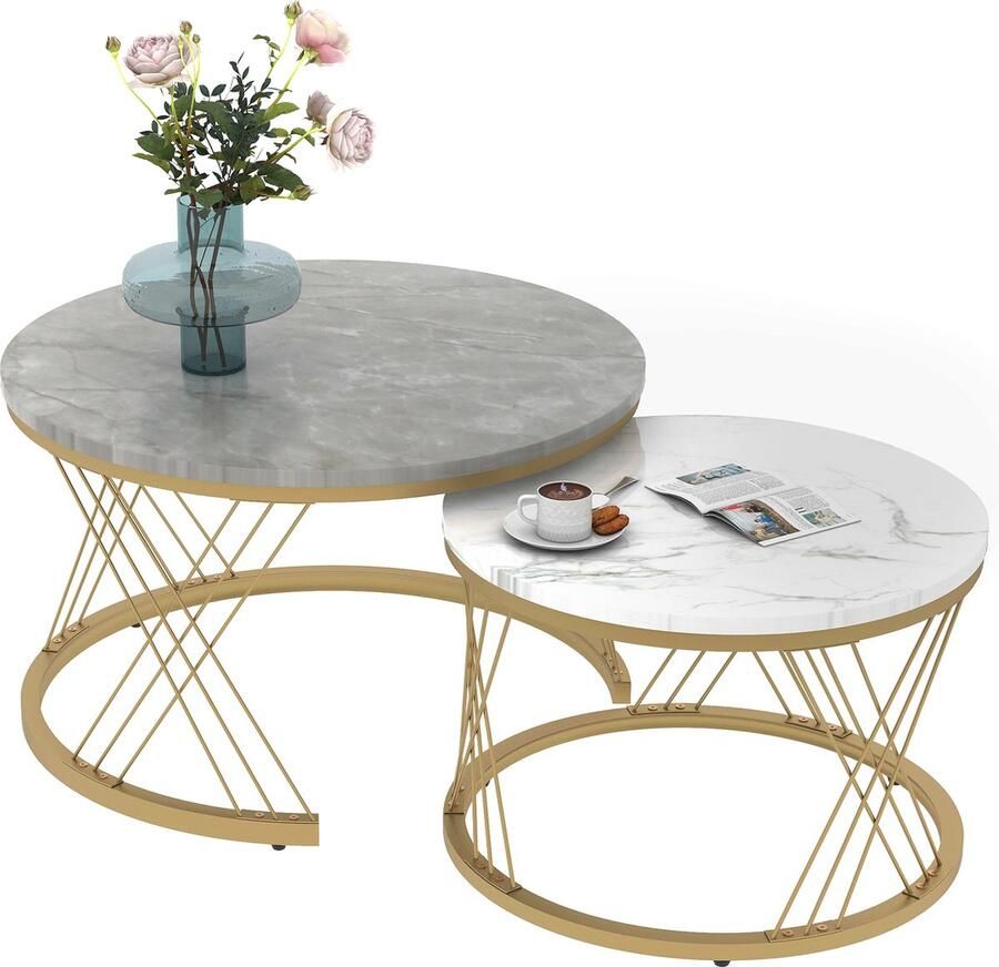Merax Salontafel Set – Rond Marmerlook Nesting Tafelset (2-delig) – Wit & Grijs met Gouden Frame – Moderne Bijzettafels voor Woonkamer