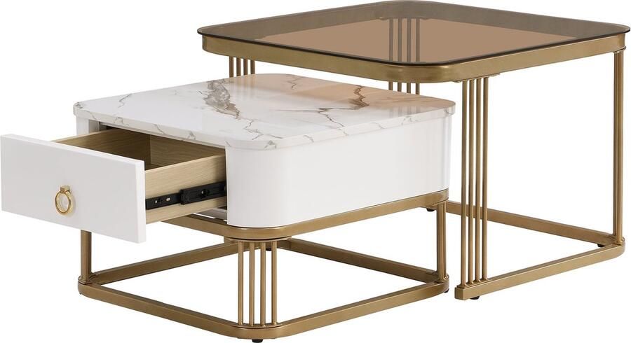 Merax Stapelbare Salontafel Set van 2 Bijzettafel in Hoogglans Marmerlook en Theebruin Glas Salontafels met Lade Wit met Goud