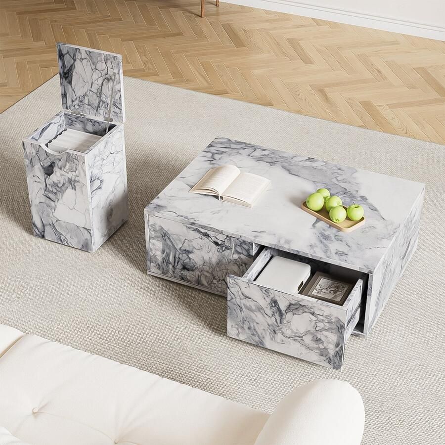 Merax Salontafel Set – 2-Delige Marmerlook Woonkamertafel – Moderne Bijzettafels voor Woonkamer en Balkon – Wit en Cyaan - Foto 2