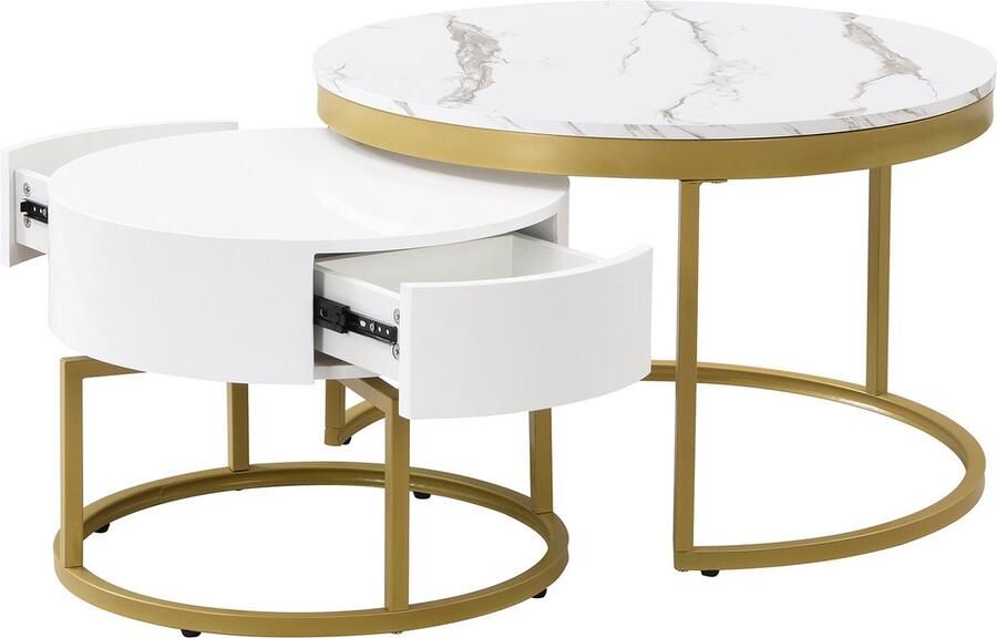 Merax Salontafel Set van 2 Luxe Salontafels in Marmerlook met Lades Bijzettafels Wit met Goud