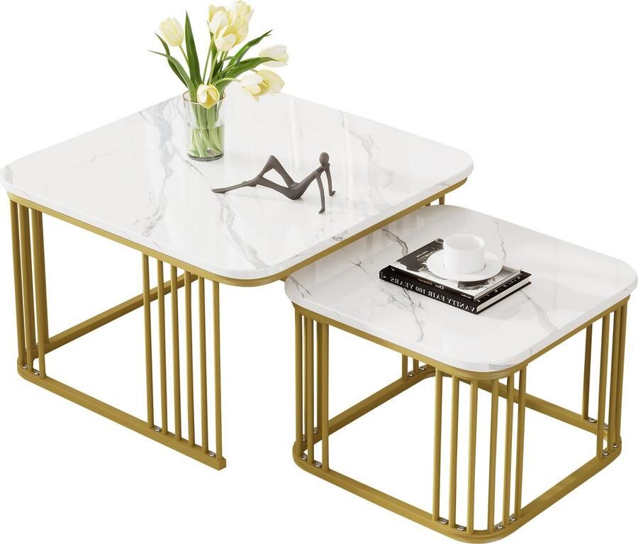 Merax Salontafel Set van 2 – Marmorlook Hoogglans Wit – Goudkleurige Poten – 70x70x45 cm & 50x50x36 5 cm – Stapelbaar en Modern Design