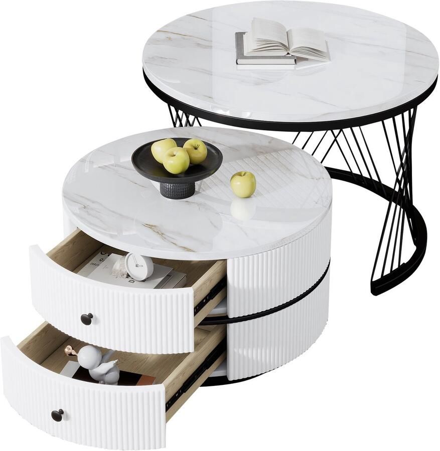 Merax Salontafel Set van 2 Ronde Salontafels Marmerlook met 2 Lades Luxe Nesting Tafels Hoogglans Wit met Zwart - Foto 4