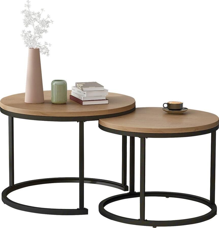Merax Salontafel Set van 2 – Moderne Ronde Bijzettafels in Houtlook Bruin met Zwart – Nestbare Tafelset met MDF Tafelblad en Metalen Frame