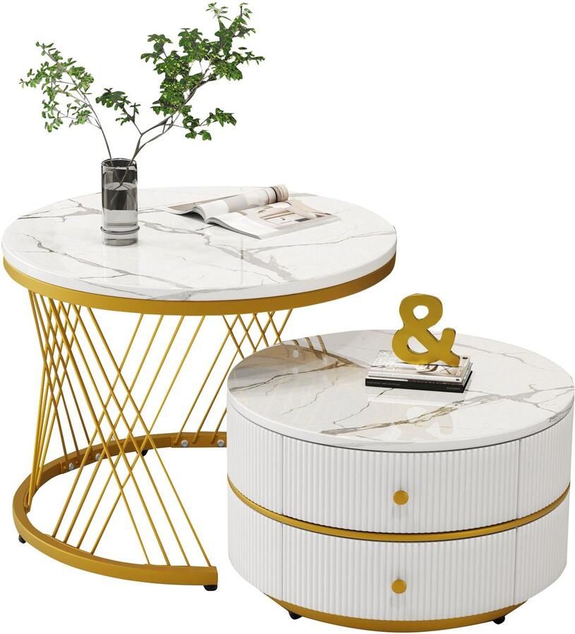 Merax Elegant 2-delig Wit Salontafelset in Nestvorm – Rond Hoogglans Marmorlook 2 Schubladen 60x60x46 cm & 50x50x30.8 cm Max. 30 kg Draagvermogen