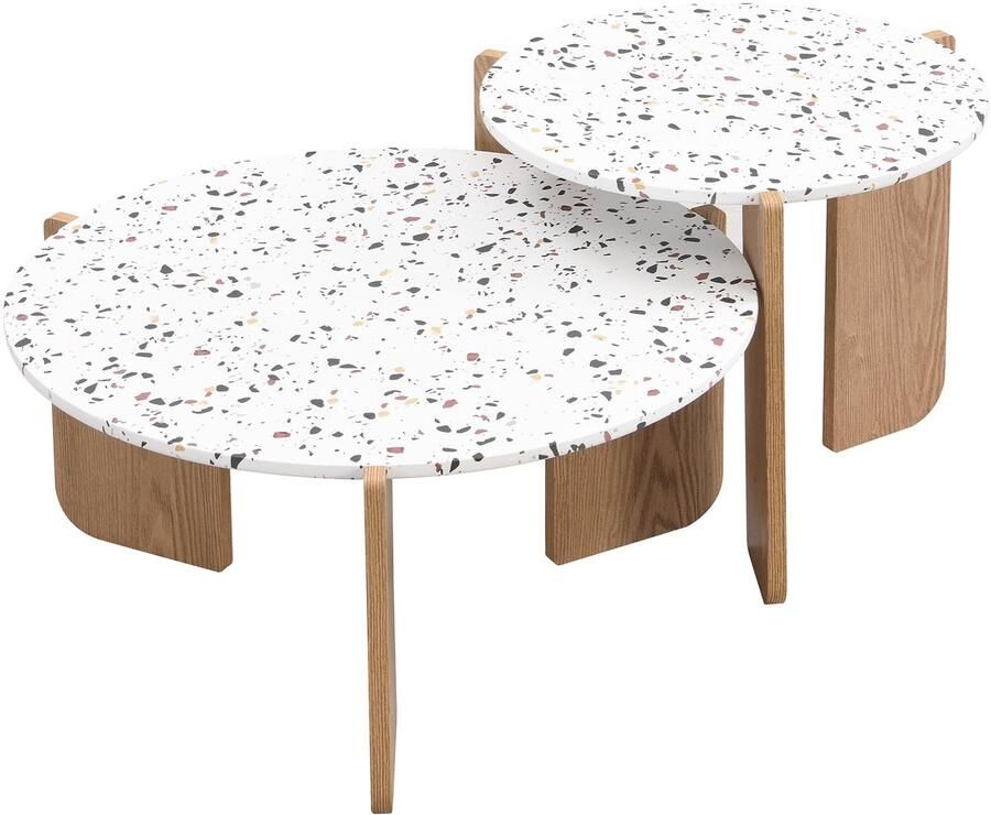 Merax Salontafel Set van 2 – Ronde Bijzettafels MDF in Houtkleur en Wit – Modern Design Nesttafels voor Woonkamer Balkon of Slaapkamer