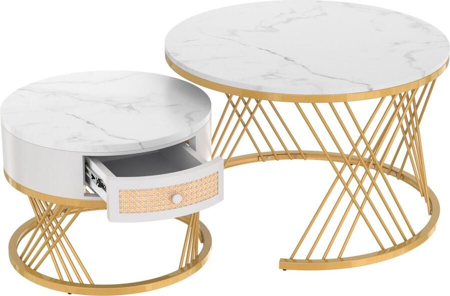 Merax Salontafel Set van 2 Ronde Salontafels in Marmerpatroon Bijzettafel met Rotan Lade Wit met Goud