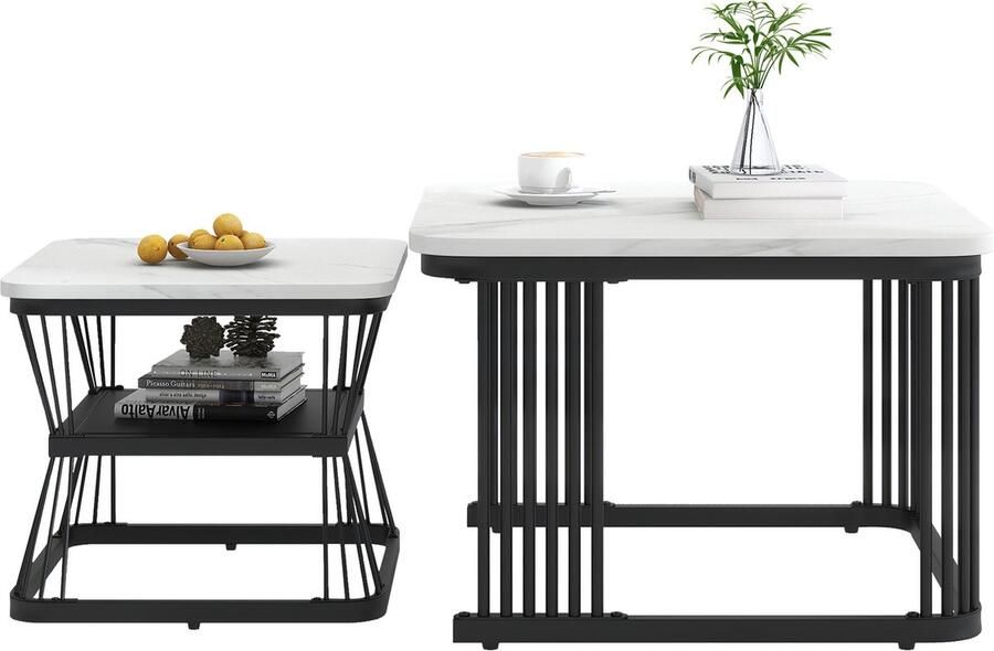Merax Salontafel Set van 2 Salontafels met Marmerlook Luxe Bijzettafels- Wit met Zwart