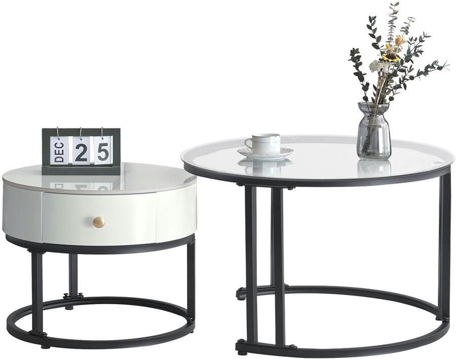 Merax Salontafel Set van 2 – Wit en Zwart – Met Glazen Tafelblad Marmerlook Massiefhout en Opberglade – Moderne Bijzettafels
