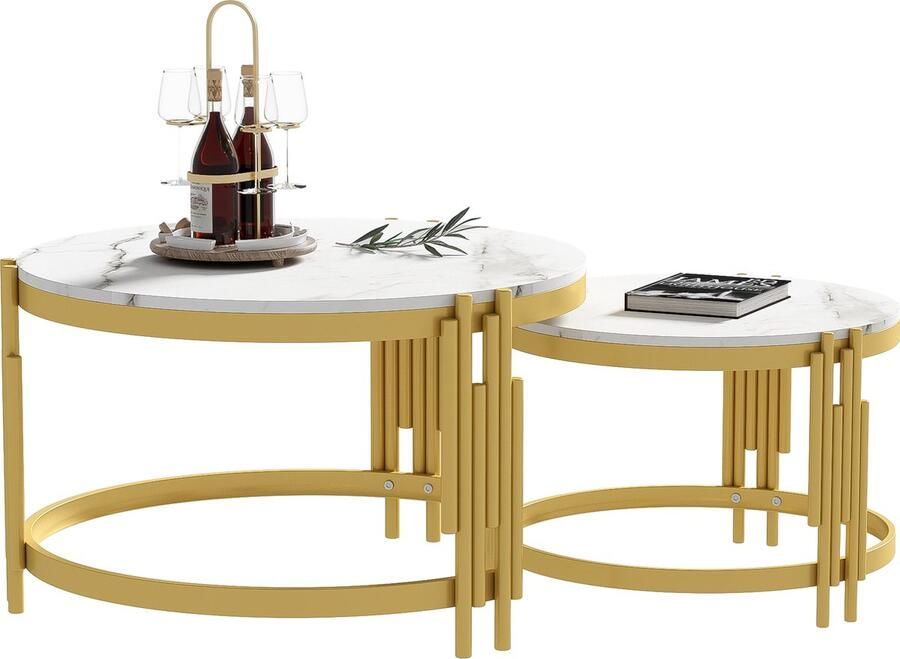 Merax Salontafel Set van 2 Wit Marmerlook met Gouden Metalen Frame Salontafels Rond Nestbaar Moderne Bijzettafels