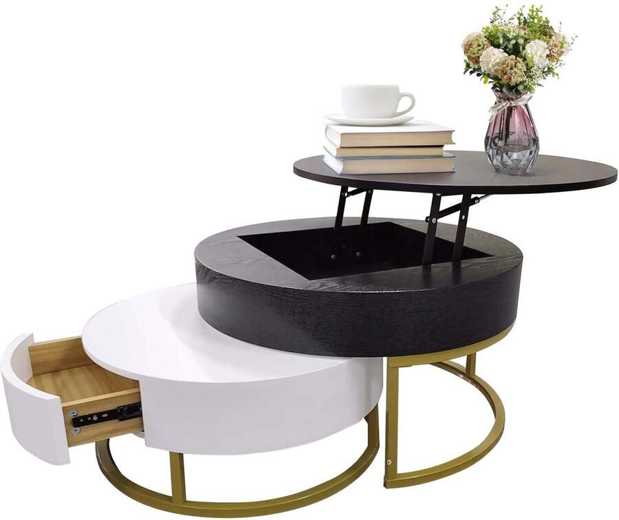 Merax Salontafel Set van 2 – Wit met Houtlook – Verstelbare Hoogte Opberglades en Metaalaccenten – Moderne Bijzettafels