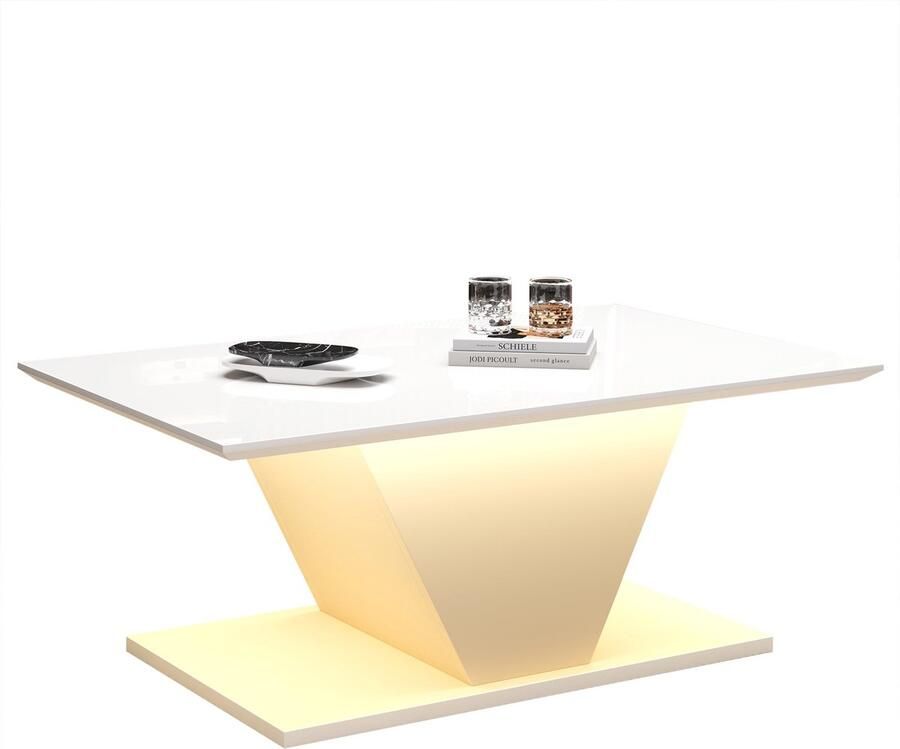 Merax Salontafel V-Vorm Witte Hoogglans Koffietafel met LED Verlichting Moderne Woonkamertafel 100×50×46 cm Design Bijzettafel