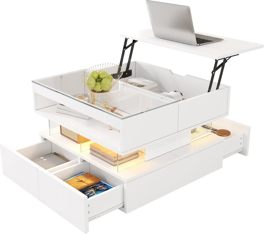 Merax Salontafel Verstelbaar Moderne Woonkamer Tafel met Lift-Top Functie Glazen Tafelblad met Acryl Dragers 16 Kleuren LED Verlichting Opberglades Wit 70x67x57 cm