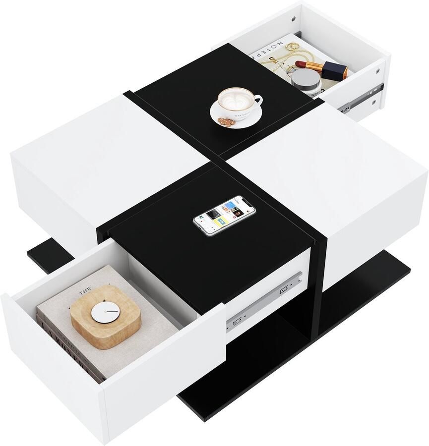 Merax Salontafel Vierkante Koffietafel 70x70x35 5 cm Met 2 Lades Hoogglans Zwart & Wit