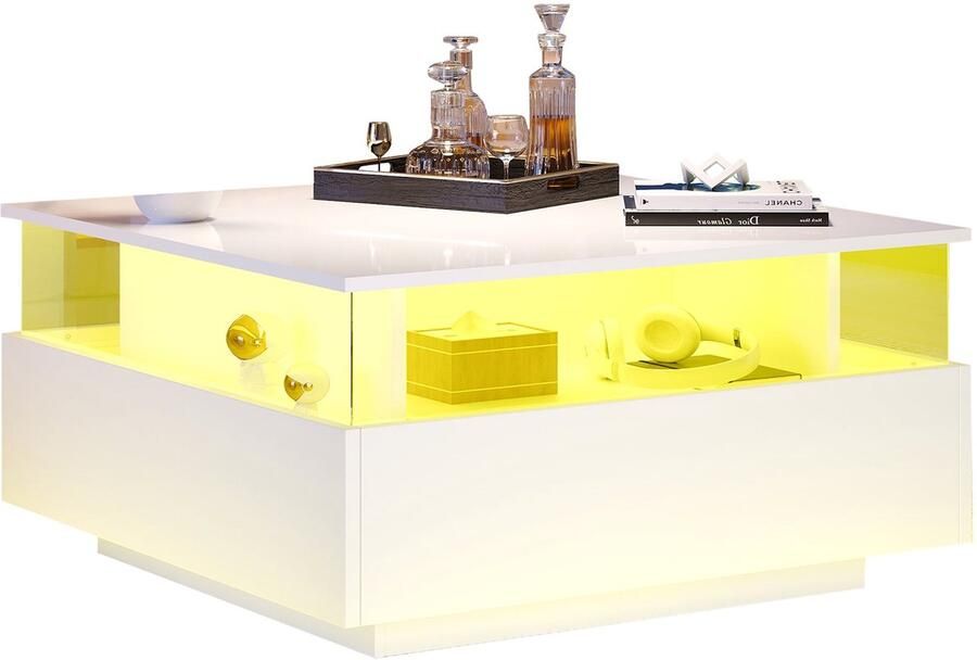 Merax Salontafel Wit Hoogglans – 70x70 cm – Verlichting – 2 Lades – Displayvlak