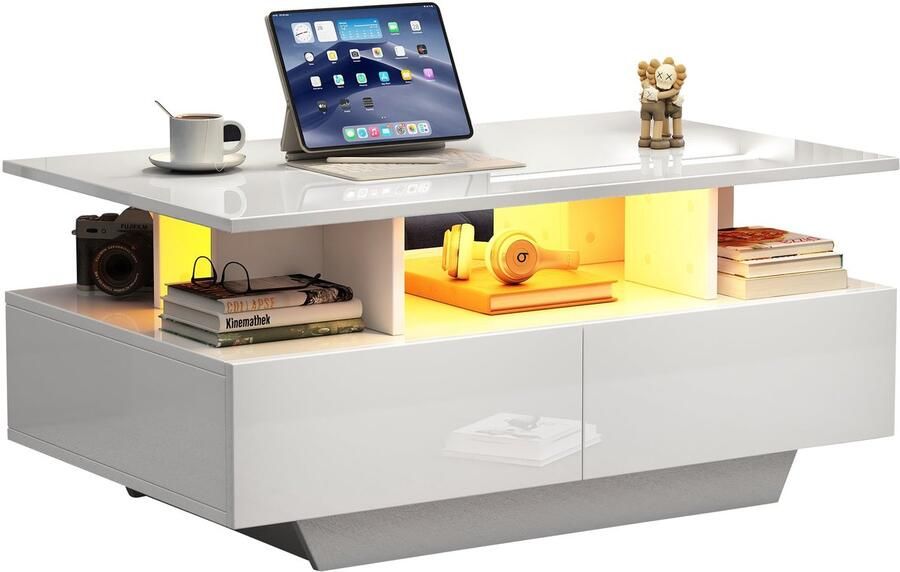 Merax Salontafel Wit Hoogglans – 90x55 cm – 2 Lades en LED Verlichting