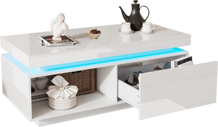 Merax Salontafel Wit Hoogglans met LED Verlichting – 100x50 cm – Bijzettafel met Lade en Opbergruimte