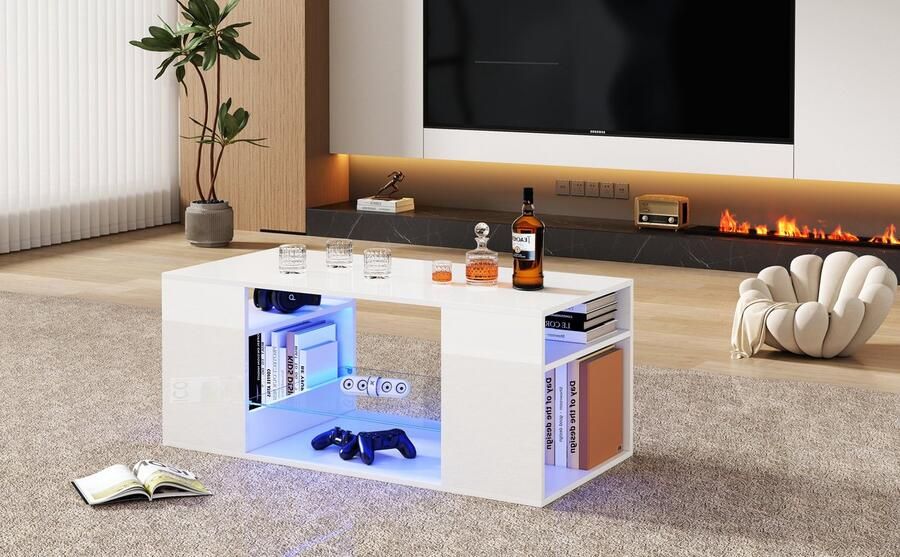 Merax Salontafel Wit Hoogglans met LED Verlichting – Glasinleg – 96x45x45 cm – Moderne Tafel met Opbergruimte