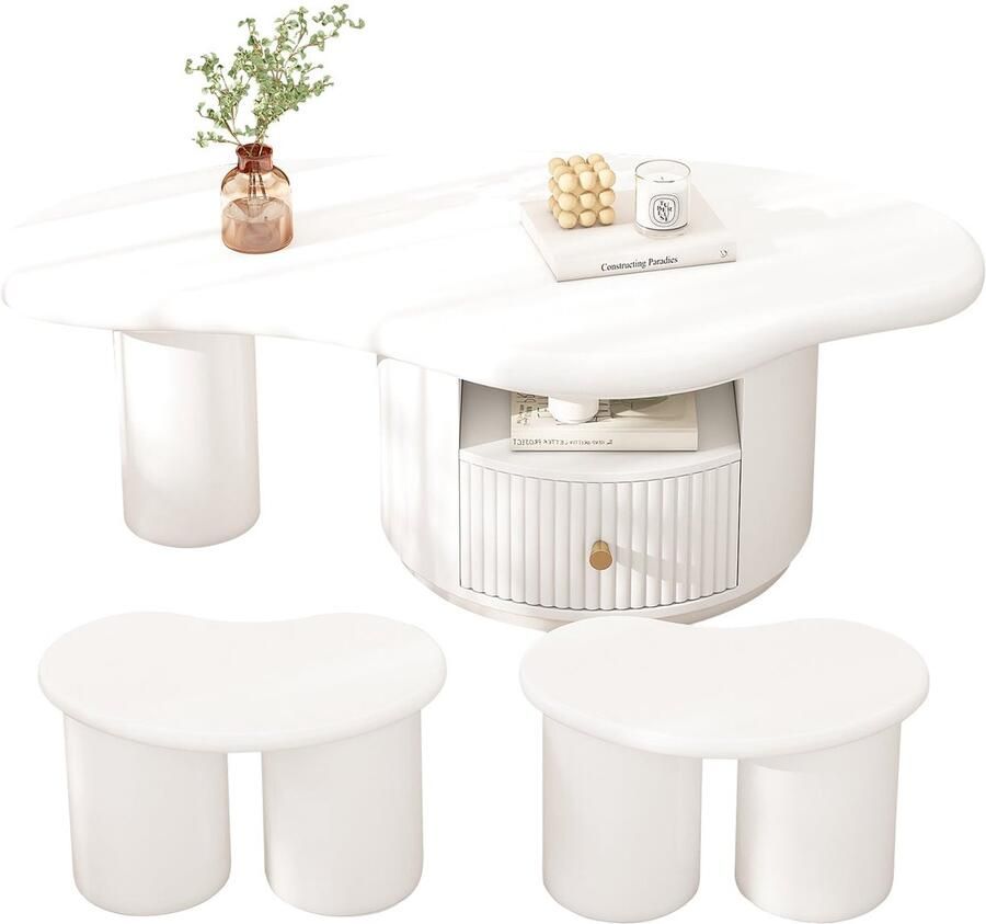 Merax Salontafel Wolkvormig met 2 Hockers – 110 cm – MDF – Met 2 Schuifladen en Filtonderzetters – Creatieve Witte Salontafel Set voor Woonkamer