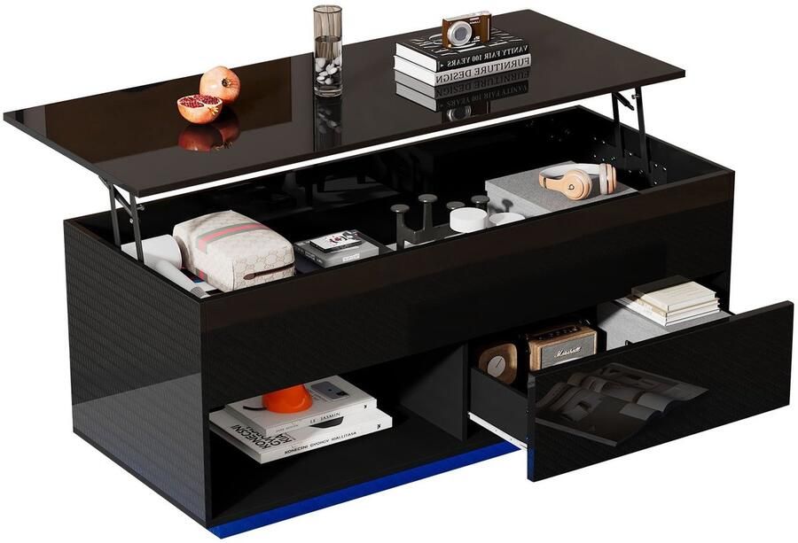 Merax Salontafel Zwart Hoogglans 100x50x55 cm – Lift Top Tafel met LED Verlichting en Opbergruimte – Hydraulisch Verstelbaar met Lade en Open Vakken