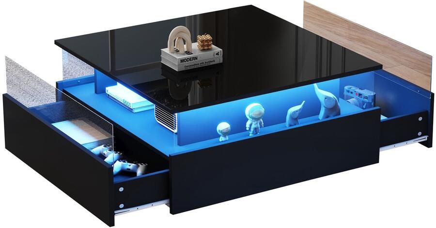 Merax Salontafel Zwart Hoogglans – 70x70 cm – Verlichting en 2 Lades