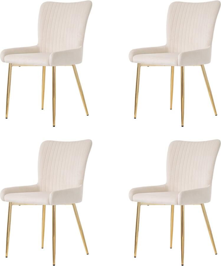 Merax Samt-Esszimmerstuhl 4er-Set luxuriös Wohnzimmer Schlafzimmer Lounge-Stuhl mit vier Goldene Metallstützbeinen Lendenwirbelstütze Beige