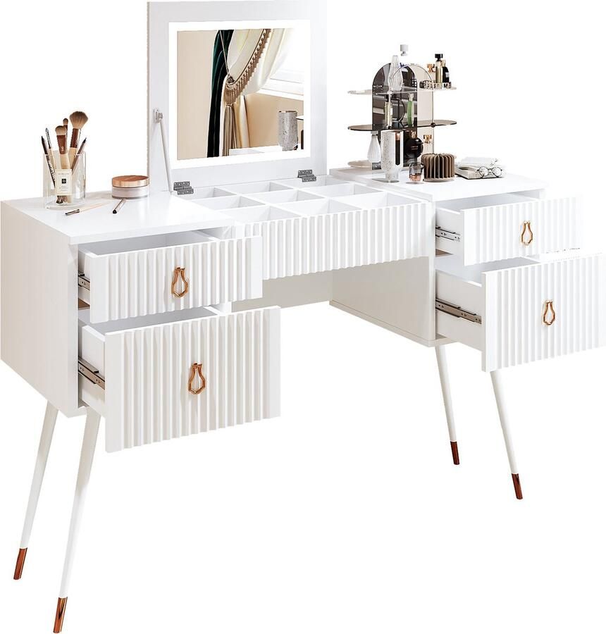 Merax Kaptafel met LED-spiegel en 4 lades Bureau met Verstelbare verlichting Luxueus design met vergulde accenten Wit