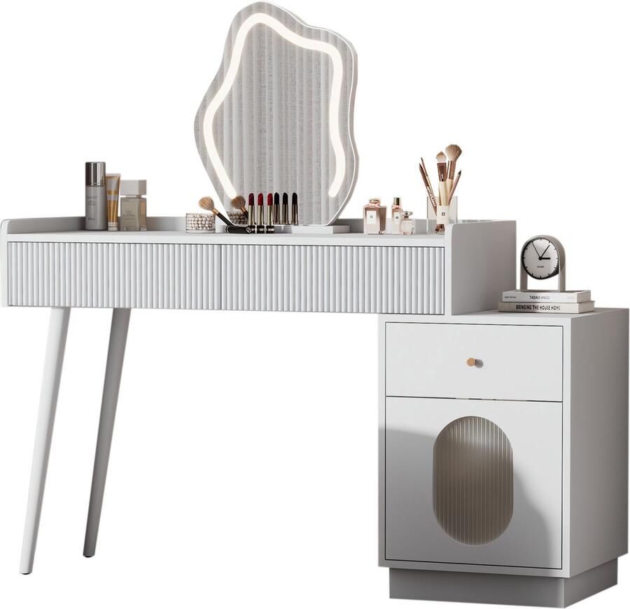 Merax Schminktisch mit LED-Spiegel und Beleuchtung Weißes Schminktisch-Set für Schlafzimmer mit drei geräumigen Schubladen und einer Tür Maße: B100 H75 T40 cm(ohne Hocker)