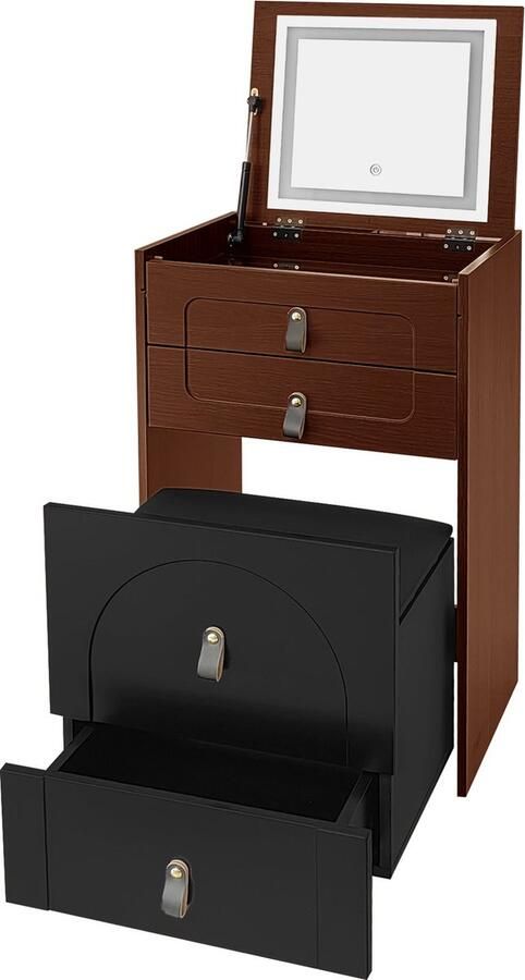 Merax Schminktisch(Enthält Make-up-Hocker) Multifunktionaler Aufbewahrungshocker Nachttisch mit Spiegel und LED-Beleuchtung mit 3 Schubladen schwarz+braun - Foto 2