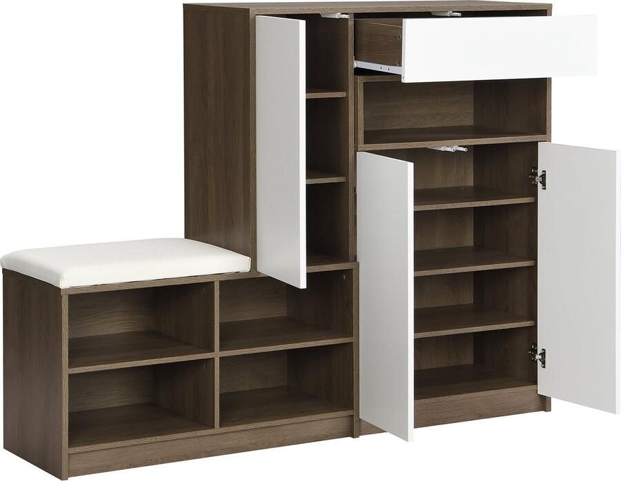 Merax Schoenenbank & Schoenenkast – Multifunctioneel Schoenenrek met Verstelbare Planken en Gestoffeerde Zitting – 140 x 35 x 110 cm – Wit