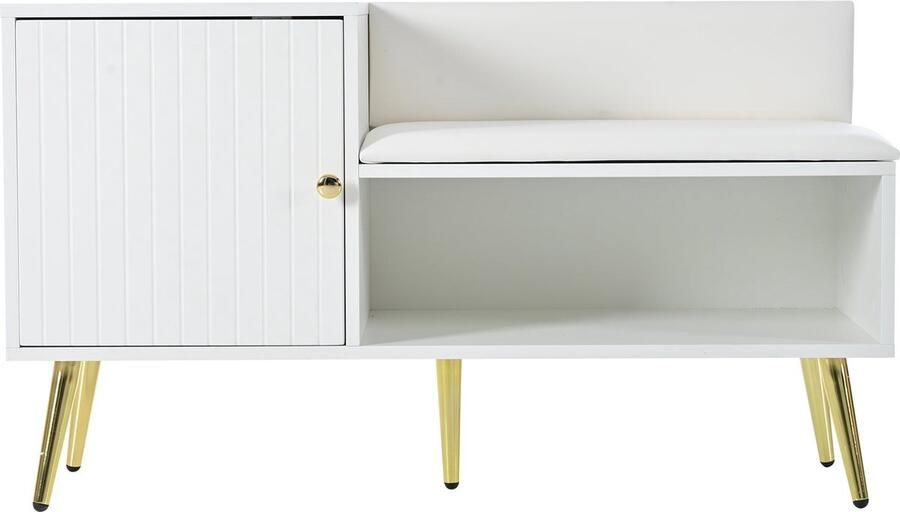 Merax Luxe Schoenbank met Opbergruimte Witte Zithoek met Rugleuning Gouden Handgrepen en Metalen Poten – Perfect voor de Hal – Afmetingen: B100 D38 H58 cm