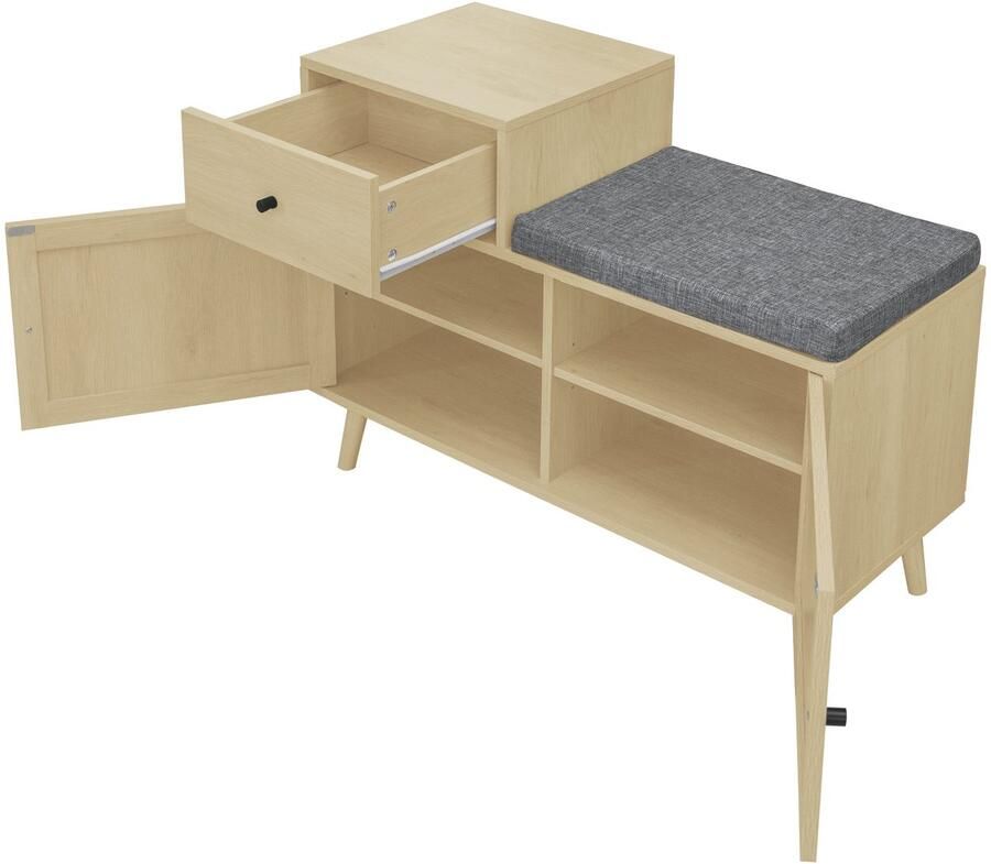 Merax Schoenenbank Met Rotan Deuren In Houtlook Met Lade En Zacht Zitkussen 90x35x65 cm Voor Hal Of Gang